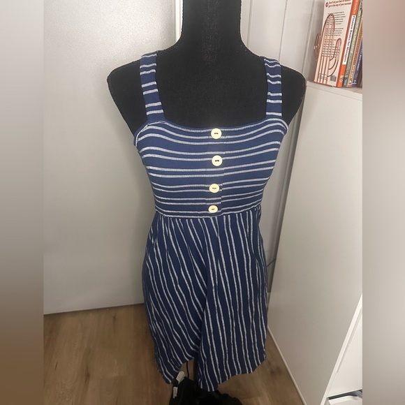 Caution To The Wind Navy Blue Striped Tank Dress Nautical Buttons - Picture 3 of 9